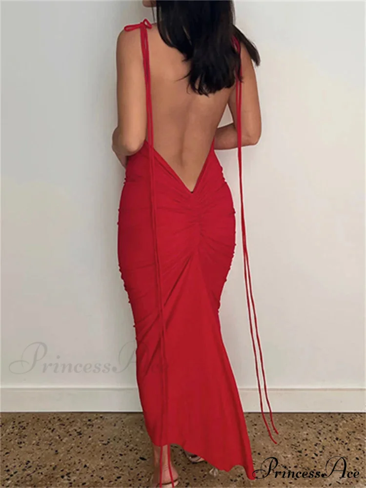 Women Sexy Backless Ruched Adjustable Lace-up Strap Slim Elegant Solid Party Female Vestido Clubwear - Image 3