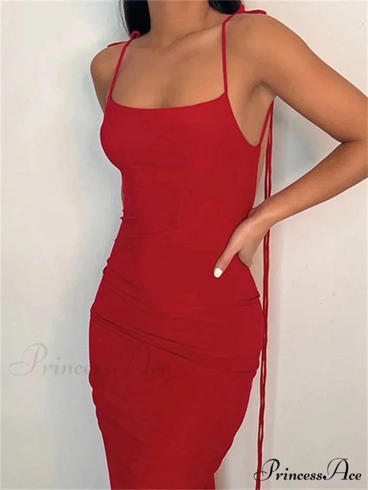 Women Sexy Backless Ruched Adjustable Lace-up Strap Slim Elegant Solid Party Female Vestido Clubwear - Image 4