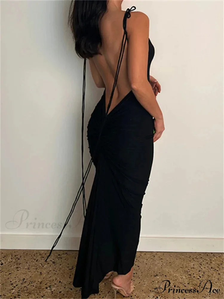 Women Sexy Backless Ruched Adjustable Lace-up Strap Slim Elegant Solid Party Female Vestido Clubwear - Image 5