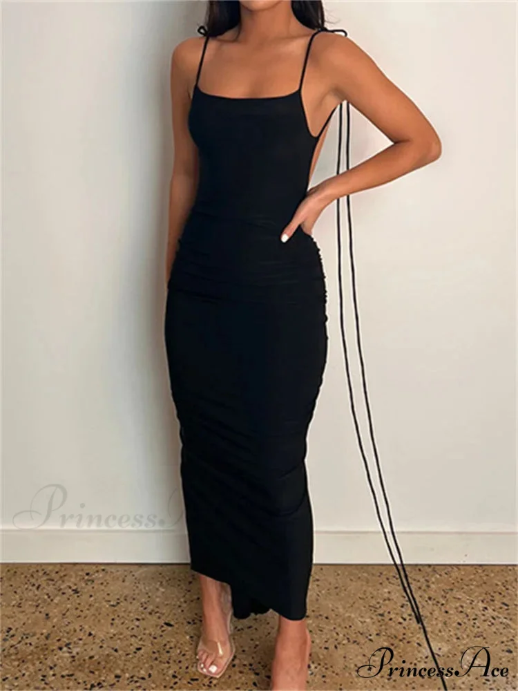Women Sexy Backless Ruched Adjustable Lace-up Strap Slim Elegant Solid Party Female Vestido Clubwear - Image 6
