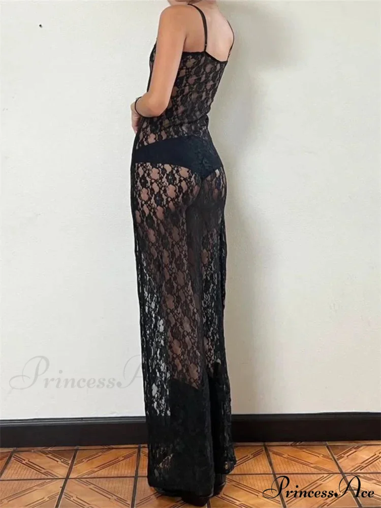 Lace Floral Mesh See Through Summer Beach Cover Ups Women Sleeveless Strap Solid Slim Vestidos - Image 2