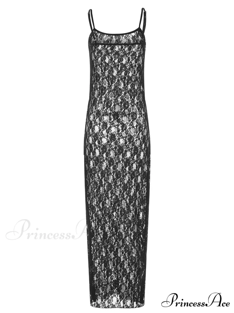 Lace Floral Mesh See Through Summer Beach Cover Ups Women Sleeveless Strap Solid Slim Vestidos - Image 3
