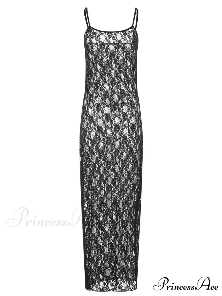 Lace Floral Mesh See Through Summer Beach Cover Ups Women Sleeveless Strap Solid Slim Vestidos - Image 4
