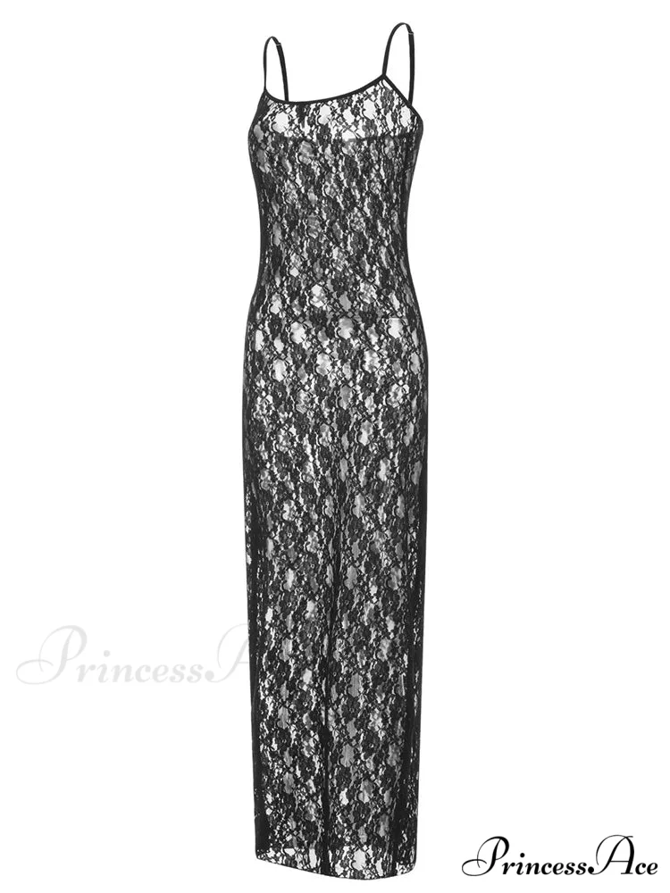 Lace Floral Mesh See Through Summer Beach Cover Ups Women Sleeveless Strap Solid Slim Vestidos - Image 5