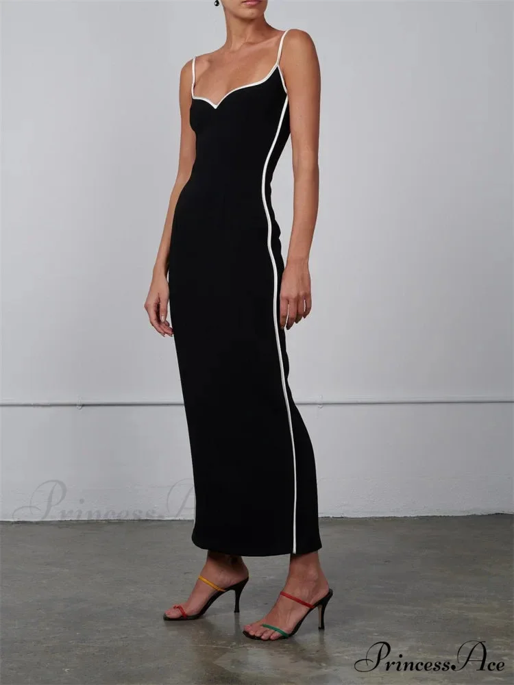 Women Sleeveless Strap Black Patchwork V-neck Low Cut Slim Summer Party Back Split Female Vestidos - Image 2