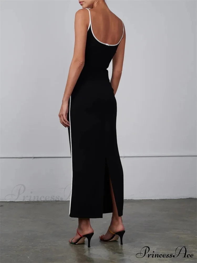Women Sleeveless Strap Black Patchwork V-neck Low Cut Slim Summer Party Back Split Female Vestidos - Image 3
