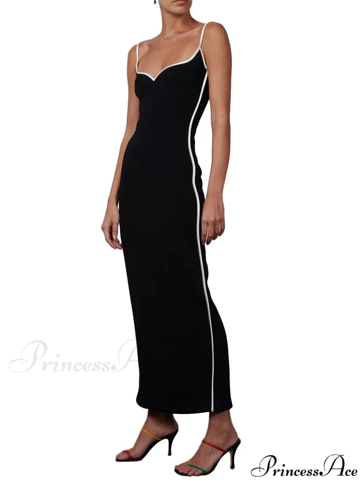 Women Sleeveless Strap Black Patchwork V-neck Low Cut Slim Summer Party Back Split Female Vestidos - Image 4