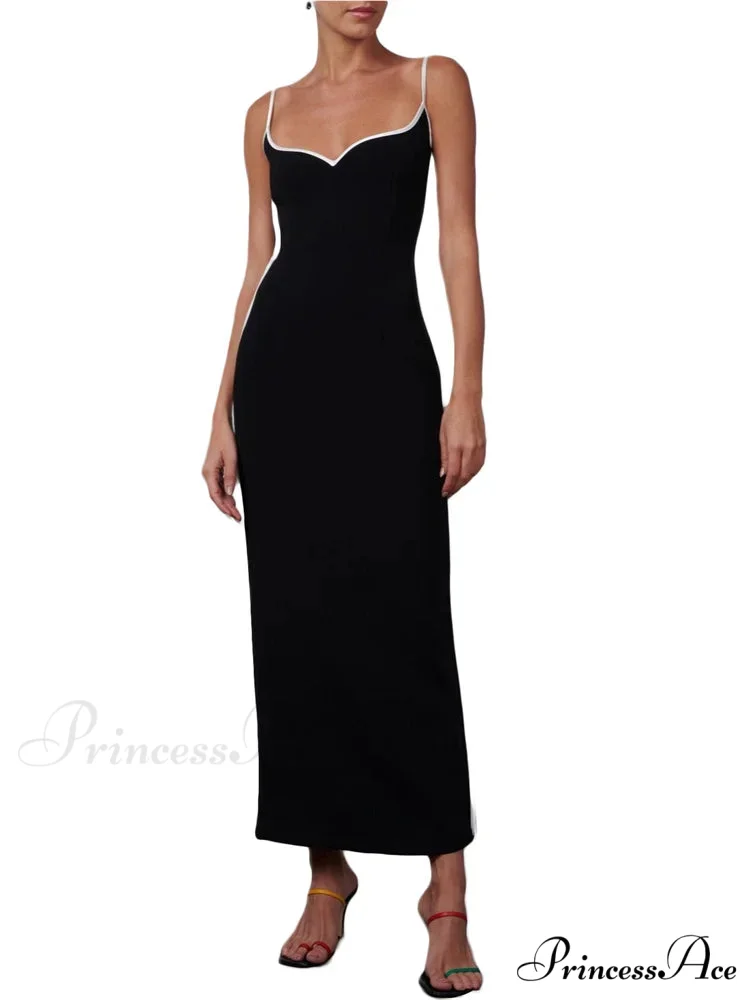 Women Sleeveless Strap Black Patchwork V-neck Low Cut Slim Summer Party Back Split Female Vestidos - Image 5