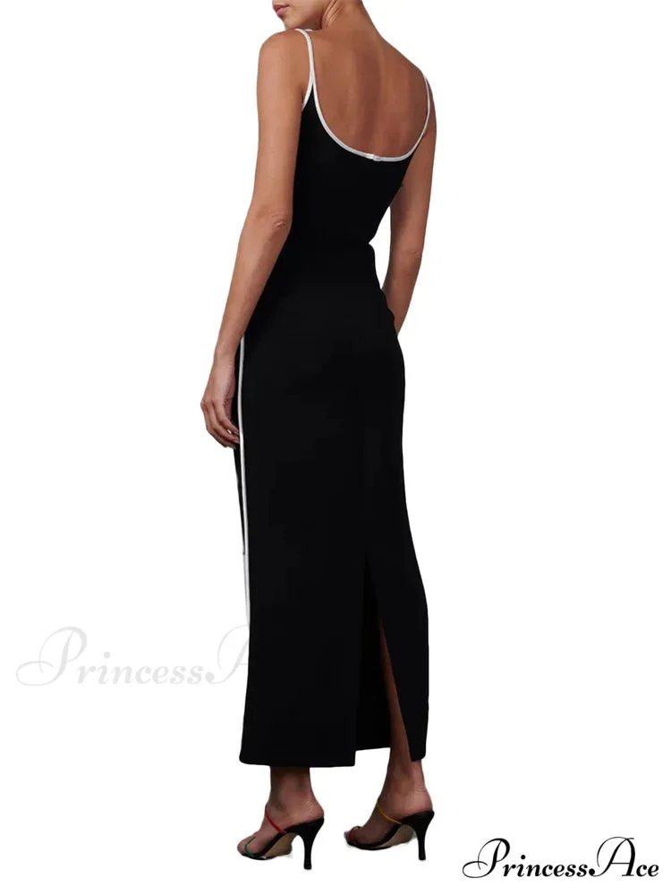Women Sleeveless Strap Black Patchwork V-neck Low Cut Slim Summer Party Back Split Female Vestidos - Image 6