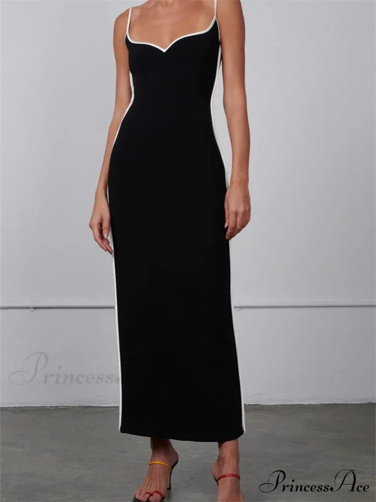Women Sleeveless Strap Black Patchwork V-neck Low Cut Slim Summer Party Back Split Female Vestidos - Image 7