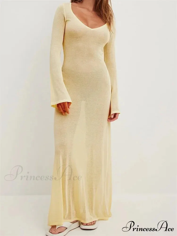 Women Vintage Sleeve V Neck See Through Slim Fit Solid Color Party Female Vestidos Streetwear - Image 3