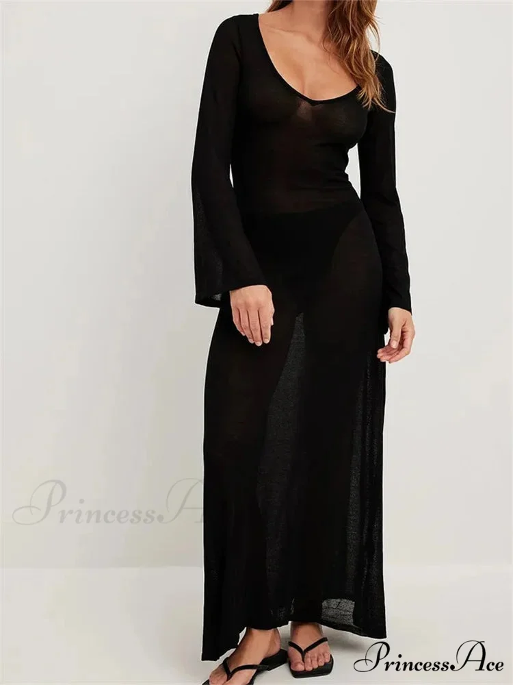Women Vintage Sleeve V Neck See Through Slim Fit Solid Color Party Female Vestidos Streetwear - Image 4