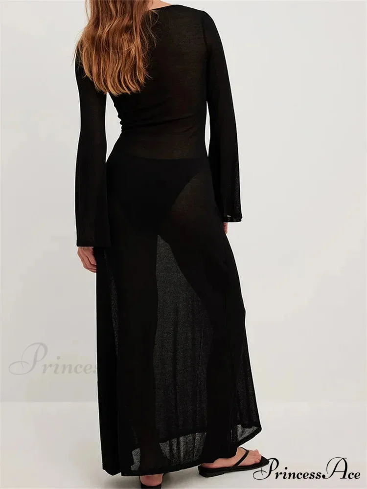 Women Vintage Sleeve V Neck See Through Slim Fit Solid Color Party Female Vestidos Streetwear - Image 5