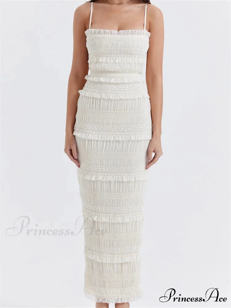 Y2K Ruched Sleeveless Strap Sling for Women Ruffles Square Neck Low Cut Back Split Female Vestidos - Image 2