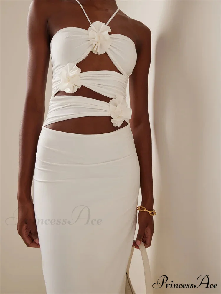 Women Sexy Halter Hollow Out Y2K Off Shoulder Backless Slim 3D Flowers Vestidos Night Party Clubwear - Image 5