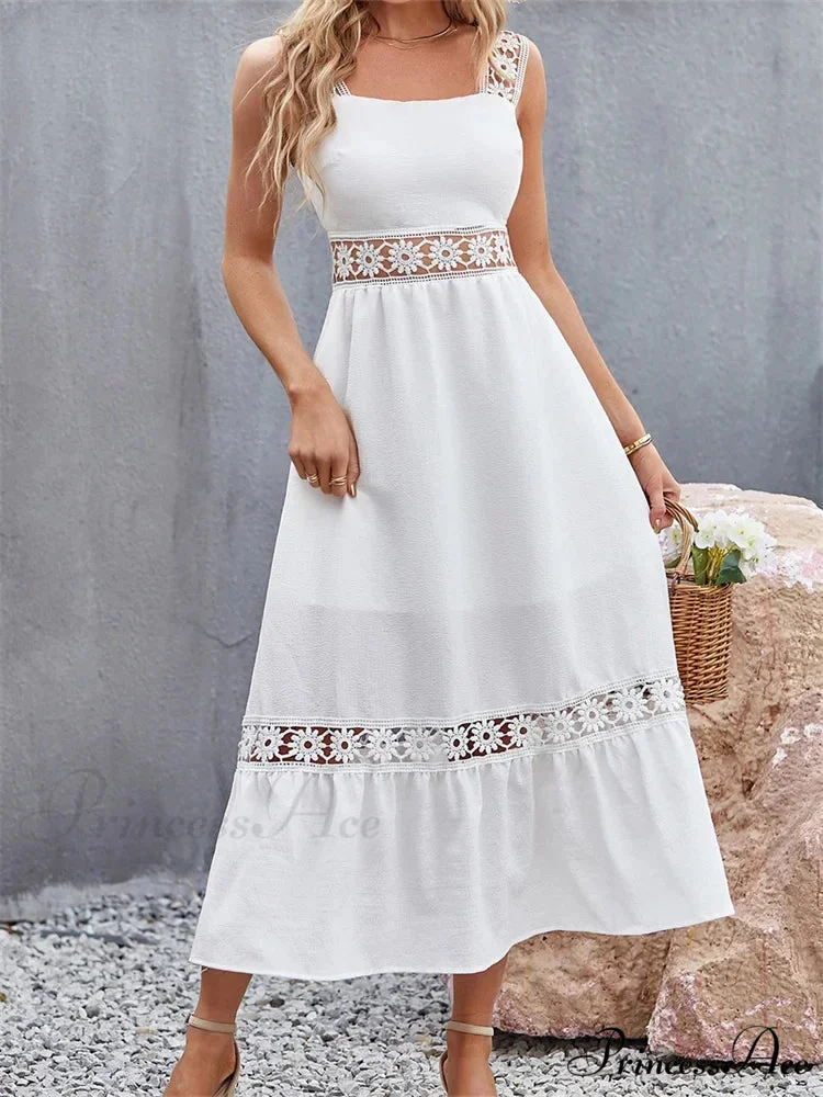 Women Hollow Out Lace Floral Patchwork Square Neck Sleeveless Party Beach Club Summer Streetwear New - Image 2