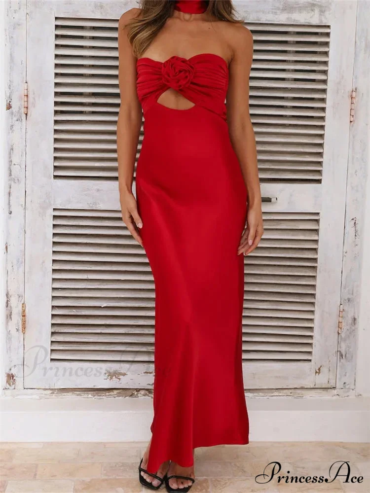 Women Summer Satin Tube Solid Color Strapless Off Shoulder Slim 3D Flower Vestidos with Scarf - Image 3