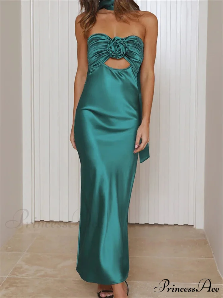 Women Summer Satin Tube Solid Color Strapless Off Shoulder Slim 3D Flower Vestidos with Scarf - Image 7