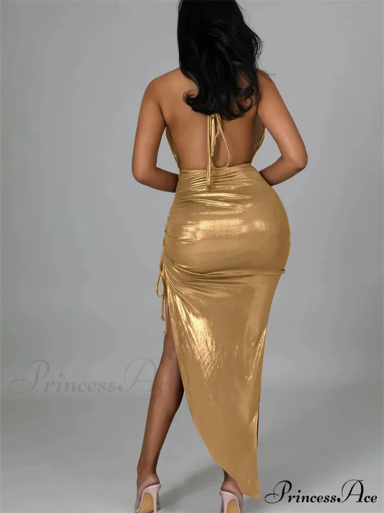 Sexy Women Halter V-neck Off Shoulder Drawstring High Split Backless Tie-Up Wrap Hip Slim - Image 5