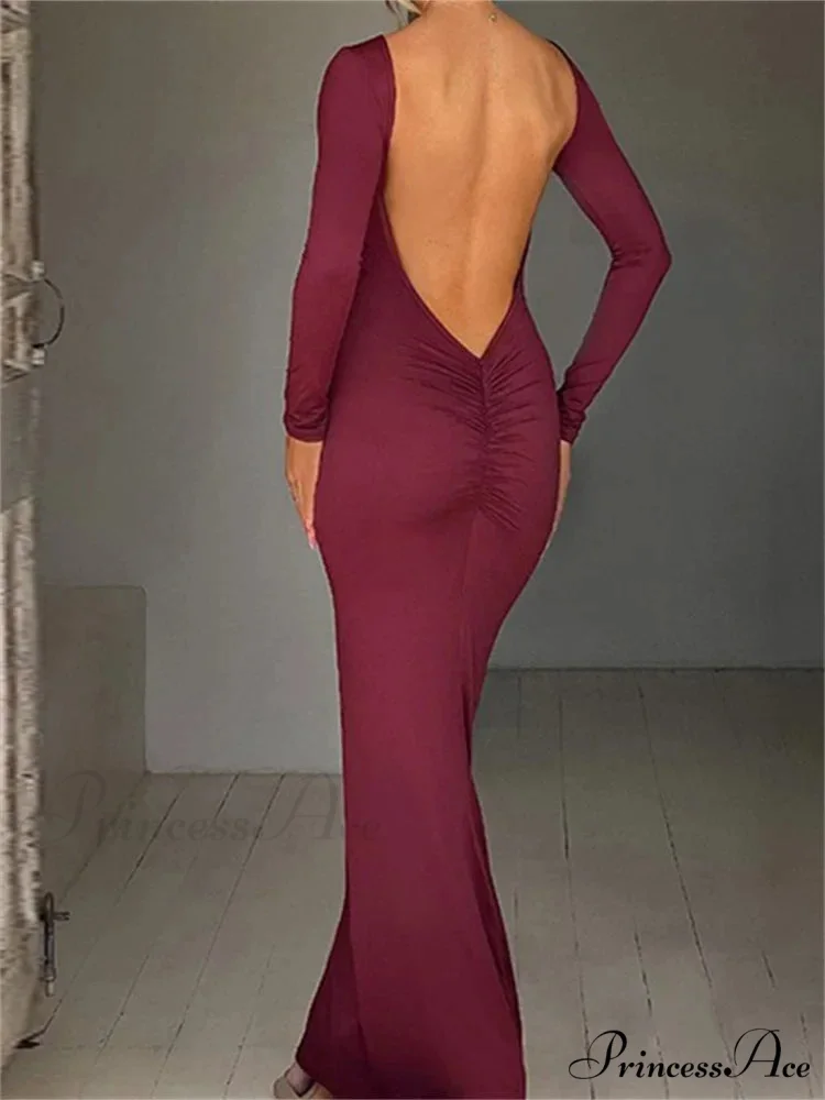 Women Sleeve Solid Color Round Neck Backless Ruched Spring Summer Party Female Vestidos - Image 5