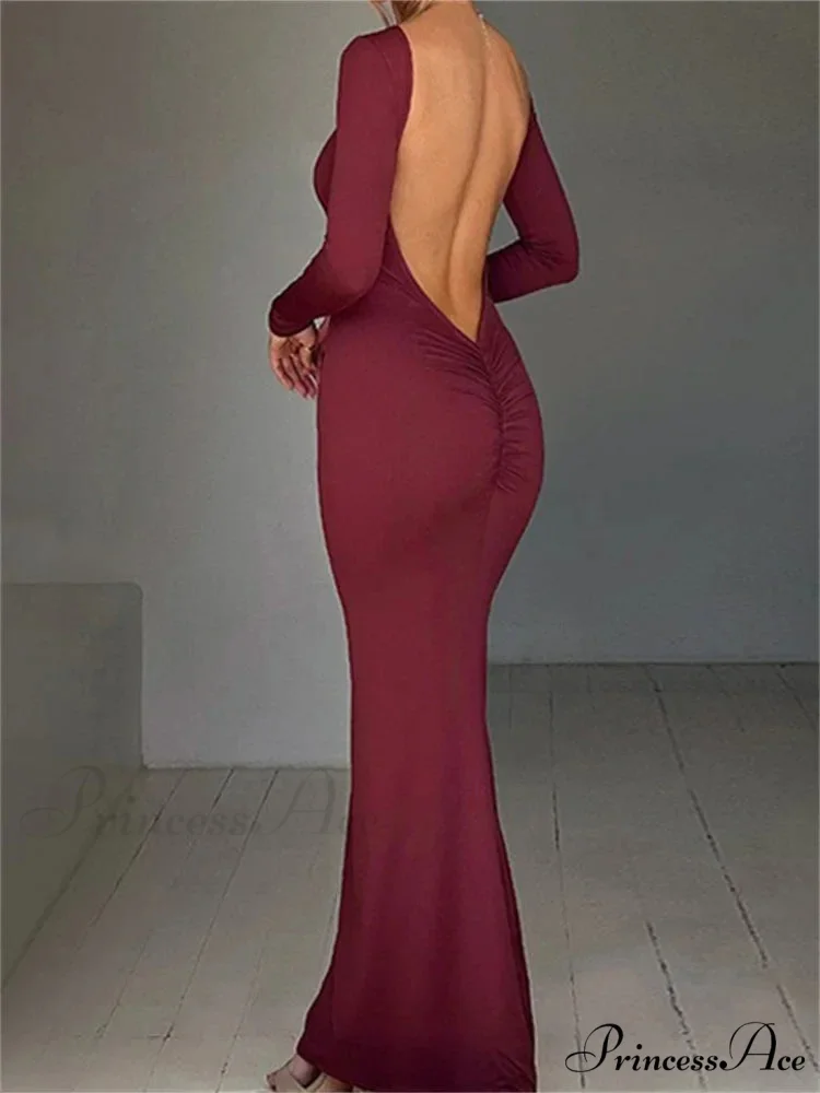Women Sleeve Solid Color Round Neck Backless Ruched Spring Summer Party Female Vestidos - Image 6