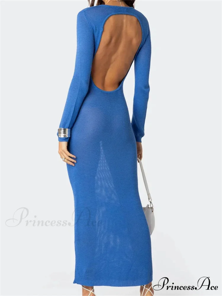 Sexy Women Summer Autumn Party Solid Round Neck Sleeve Backless Knitted Female Vestido Clubwear - Image 2