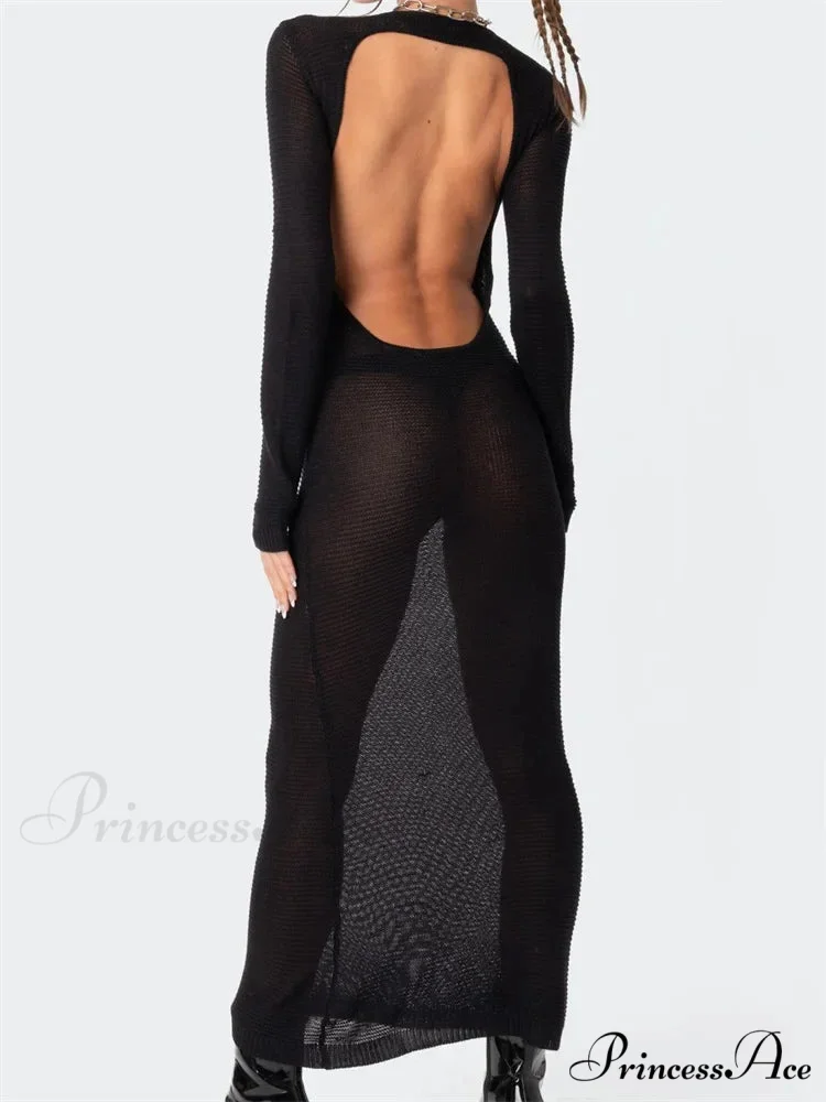 Sexy Women Summer Autumn Party Solid Round Neck Sleeve Backless Knitted Female Vestido Clubwear - Image 3