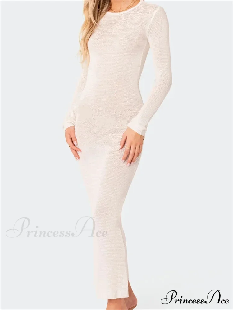 Sexy Women Summer Autumn Party Solid Round Neck Sleeve Backless Knitted Female Vestido Clubwear - Image 6