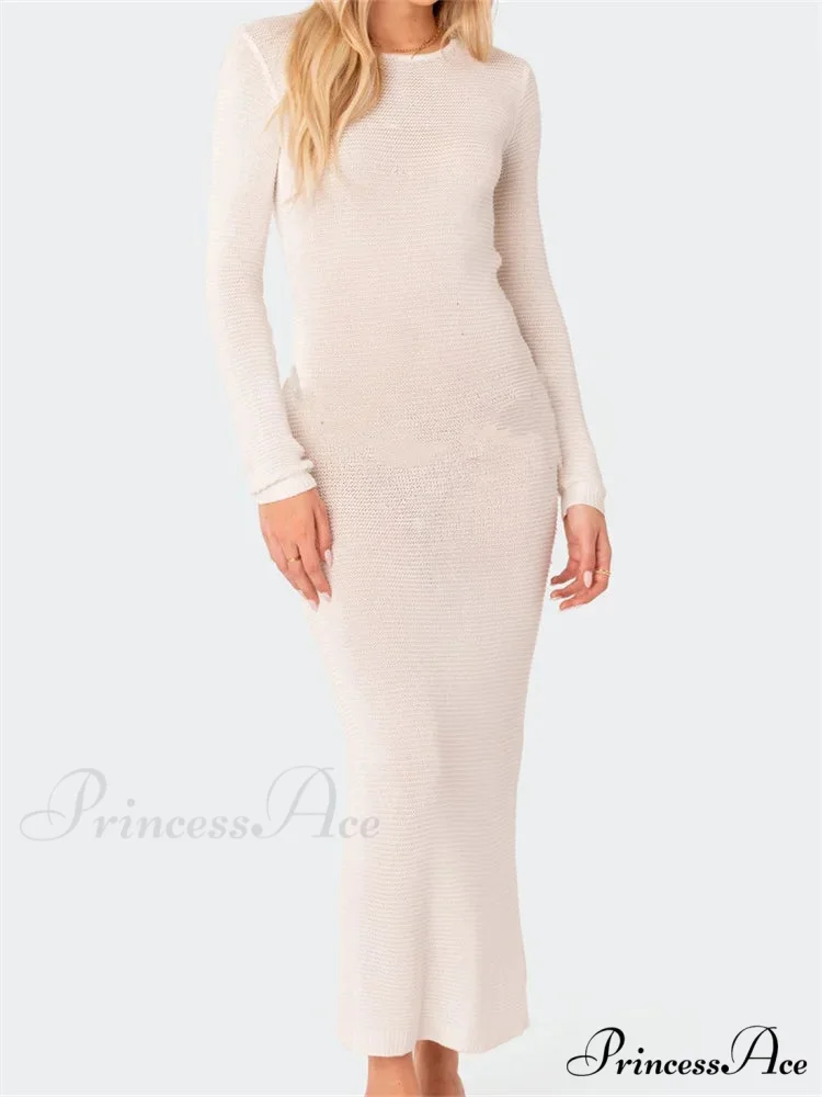Sexy Women Summer Autumn Party Solid Round Neck Sleeve Backless Knitted Female Vestido Clubwear - Image 7