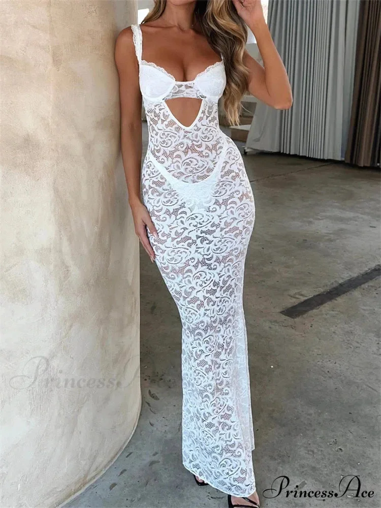 Women Summer V-neck Sleeveless Strap Backless Mesh See Through Lace Floral Hollow Out Party New - Image 3