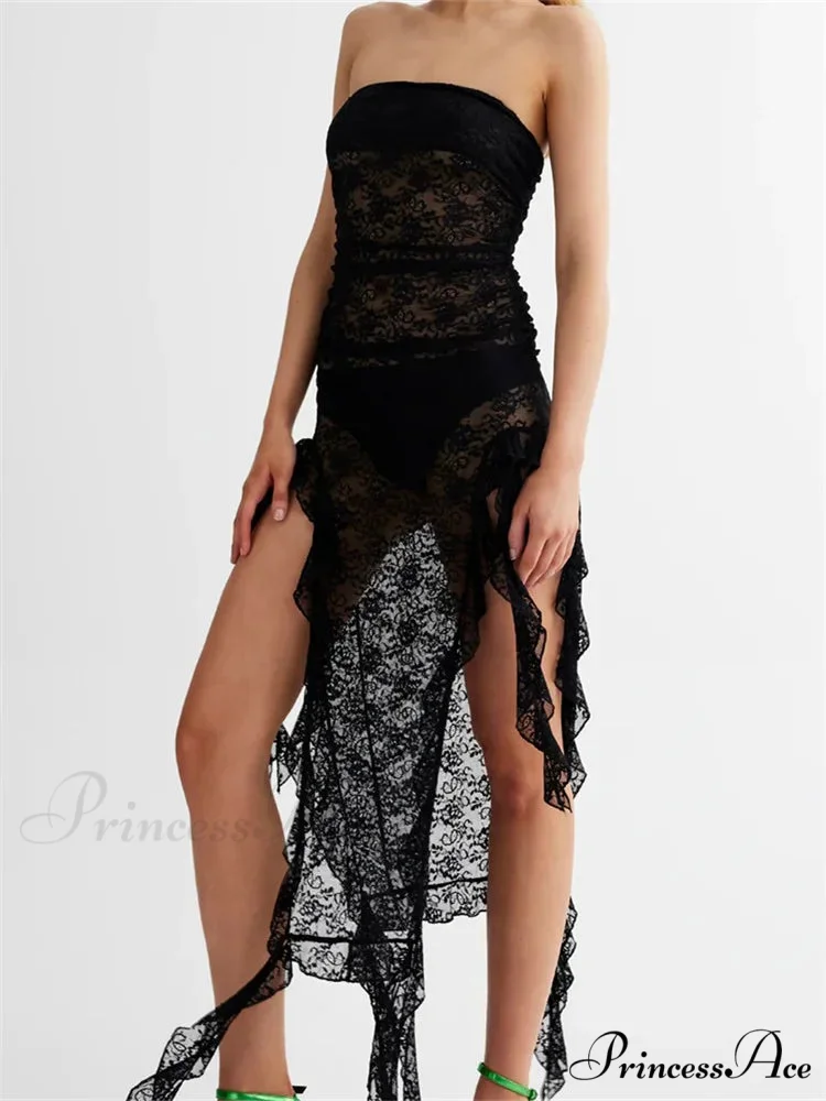 Sexy Women Lace Tube Strapless Off Shoulder Backless See Through Irregular Hem Split Tassels Clubwear New - Image 2