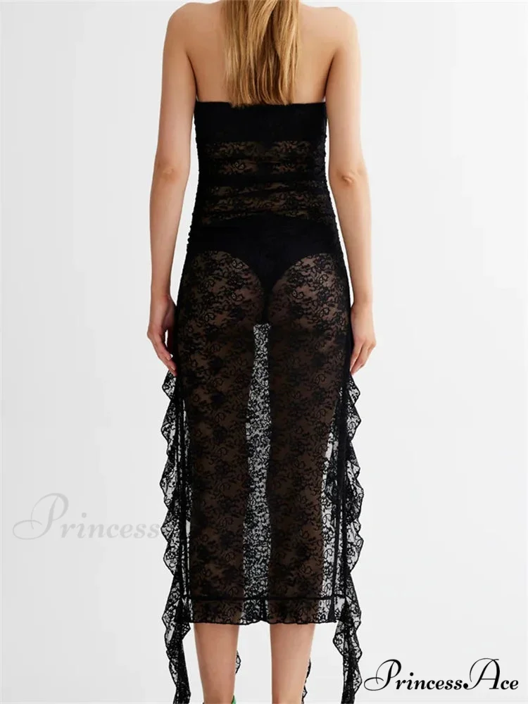 Sexy Women Lace Tube Strapless Off Shoulder Backless See Through Irregular Hem Split Tassels Clubwear New - Image 5