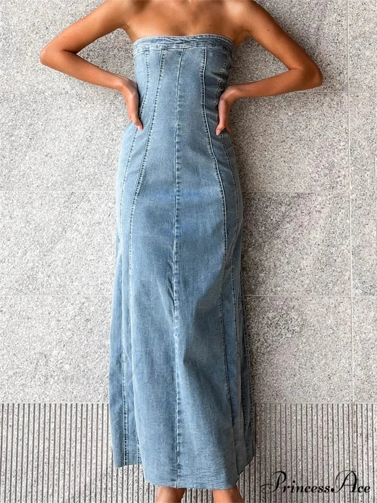 Women Tube Strapless Backless Denim Back Zip Up Summer Side Split Club Party Female Vestidos - Image 2