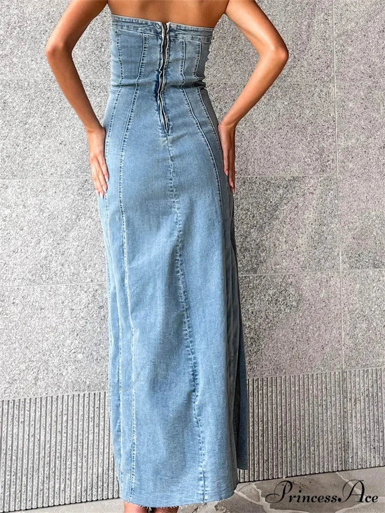 Women Tube Strapless Backless Denim Back Zip Up Summer Side Split Club Party Female Vestidos - Image 3
