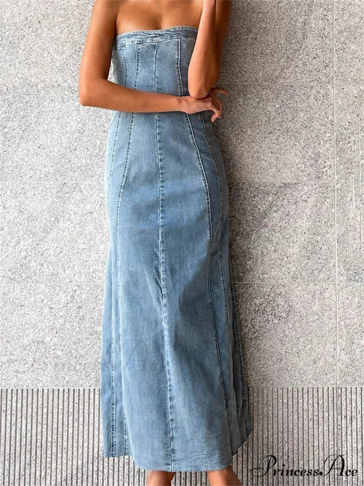 Women Tube Strapless Backless Denim Back Zip Up Summer Side Split Club Party Female Vestidos - Image 4