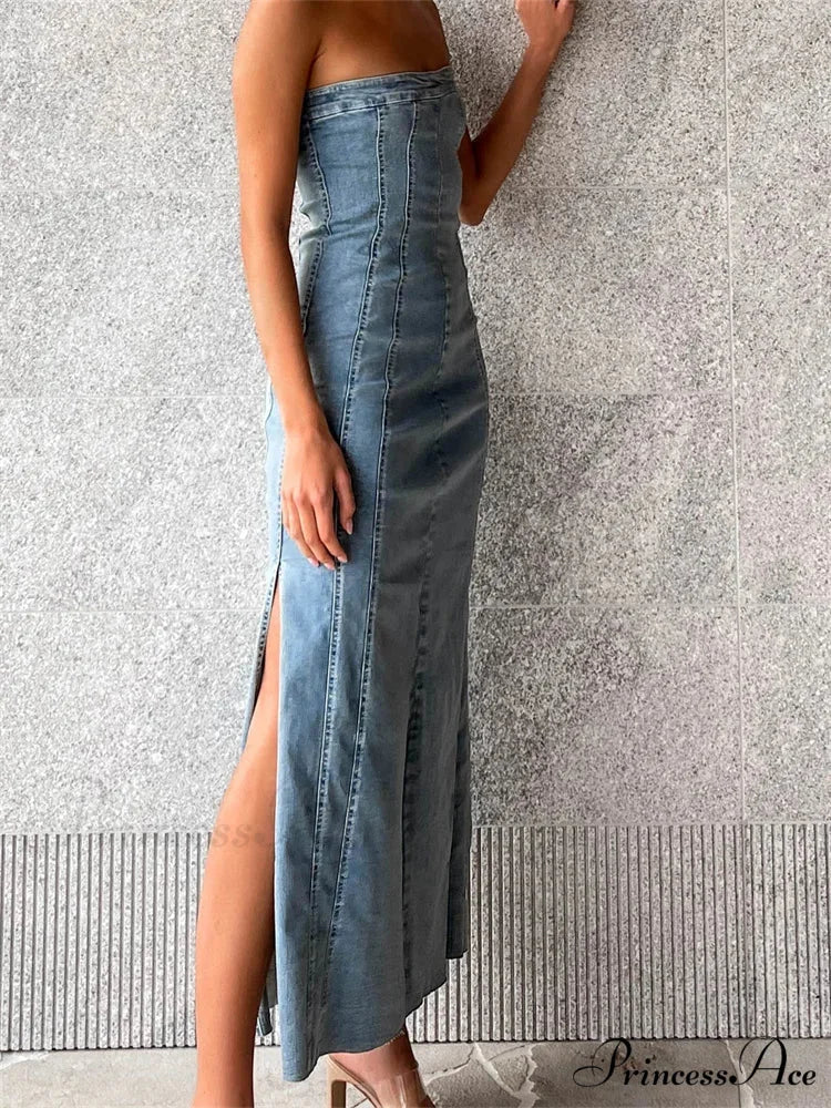 Women Tube Strapless Backless Denim Back Zip Up Summer Side Split Club Party Female Vestidos - Image 5