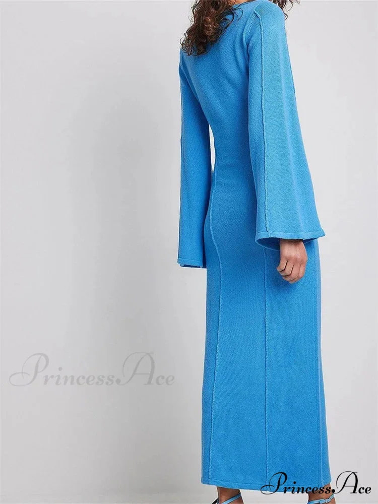 Elegant Women Knitted Patchwork Vintage Flare Sleeve Round Neck Slim Fit Solid Party Vestidos - Image 2