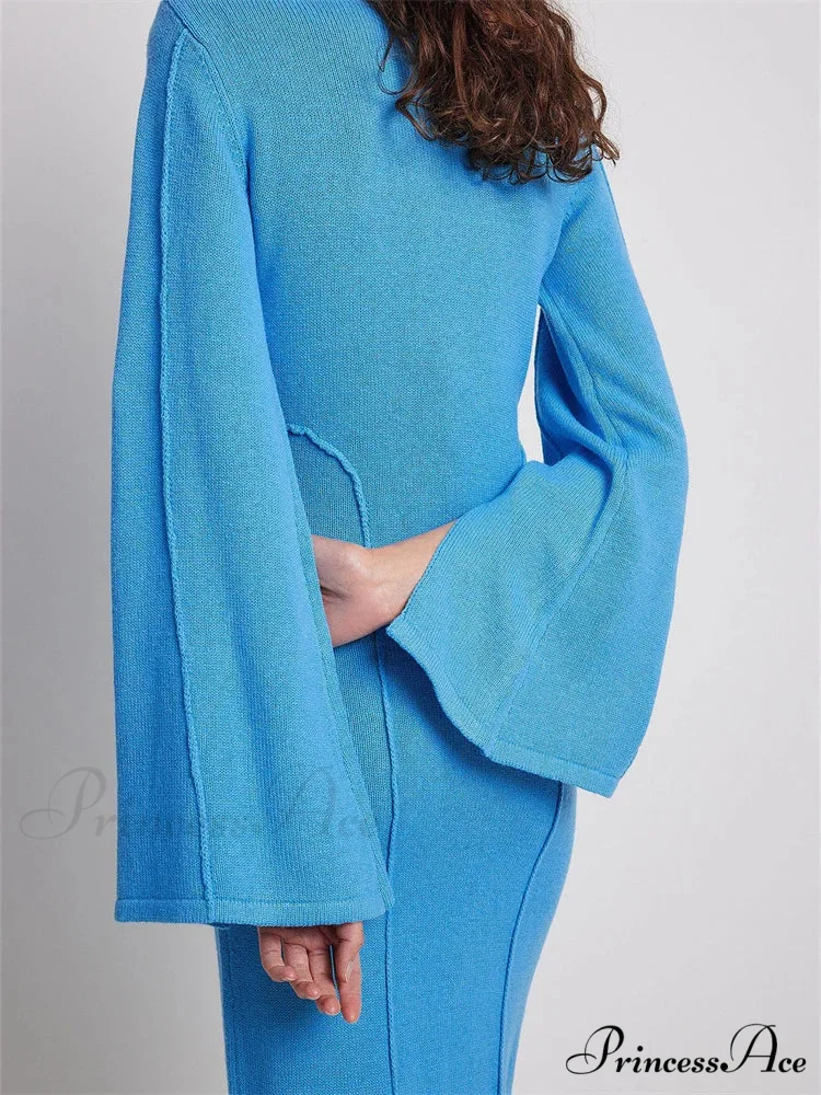 Elegant Women Knitted Patchwork Vintage Flare Sleeve Round Neck Slim Fit Solid Party Vestidos - Image 3
