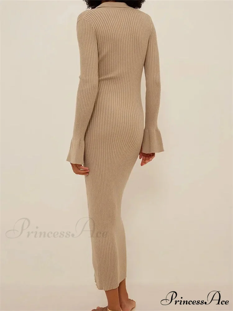 Women Ribbed Knitted Flare Sleeve Lapel Solid Color Bodycon Party Going Out Female Vestido - Image 3