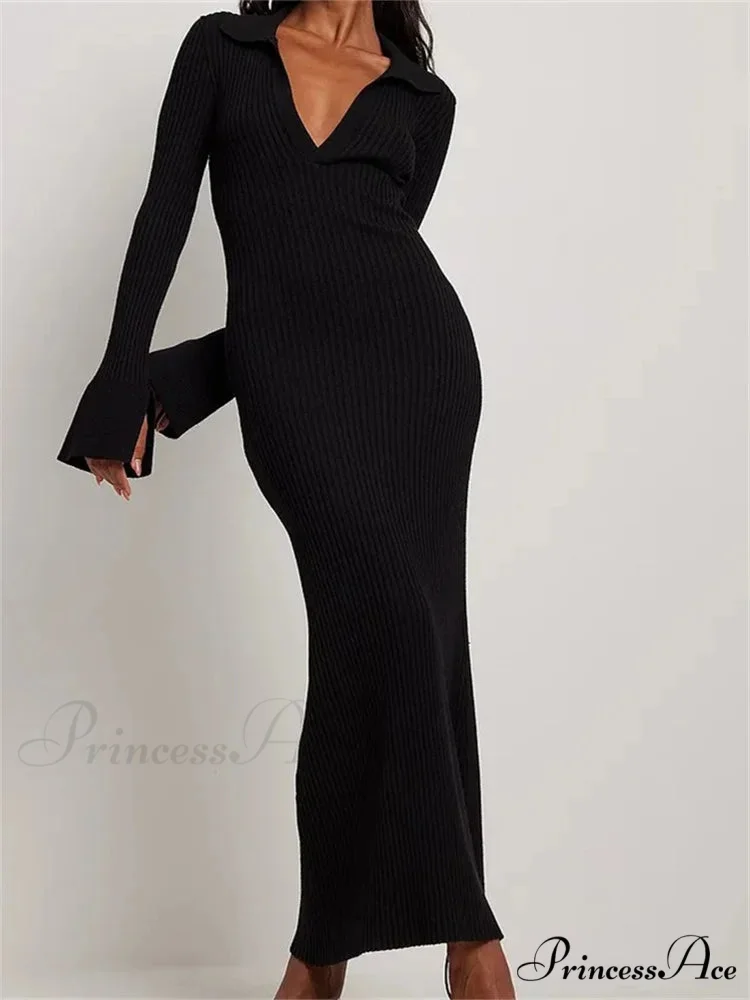 Women Ribbed Knitted Flare Sleeve Lapel Solid Color Bodycon Party Going Out Female Vestido - Image 4