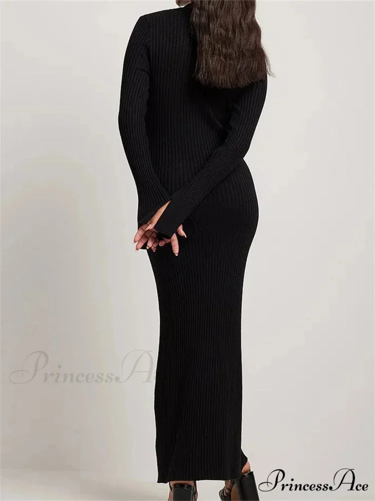 Women Ribbed Knitted Flare Sleeve Lapel Solid Color Bodycon Party Going Out Female Vestido - Image 5