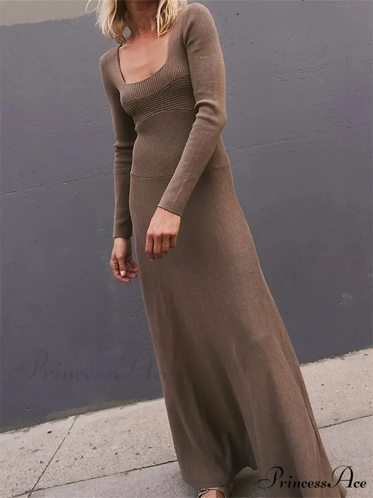 Women Spring Fall Casual Solid Color Square Neck Sleeve Knitted Pleated Fashion Holiday Vestido - Image 2