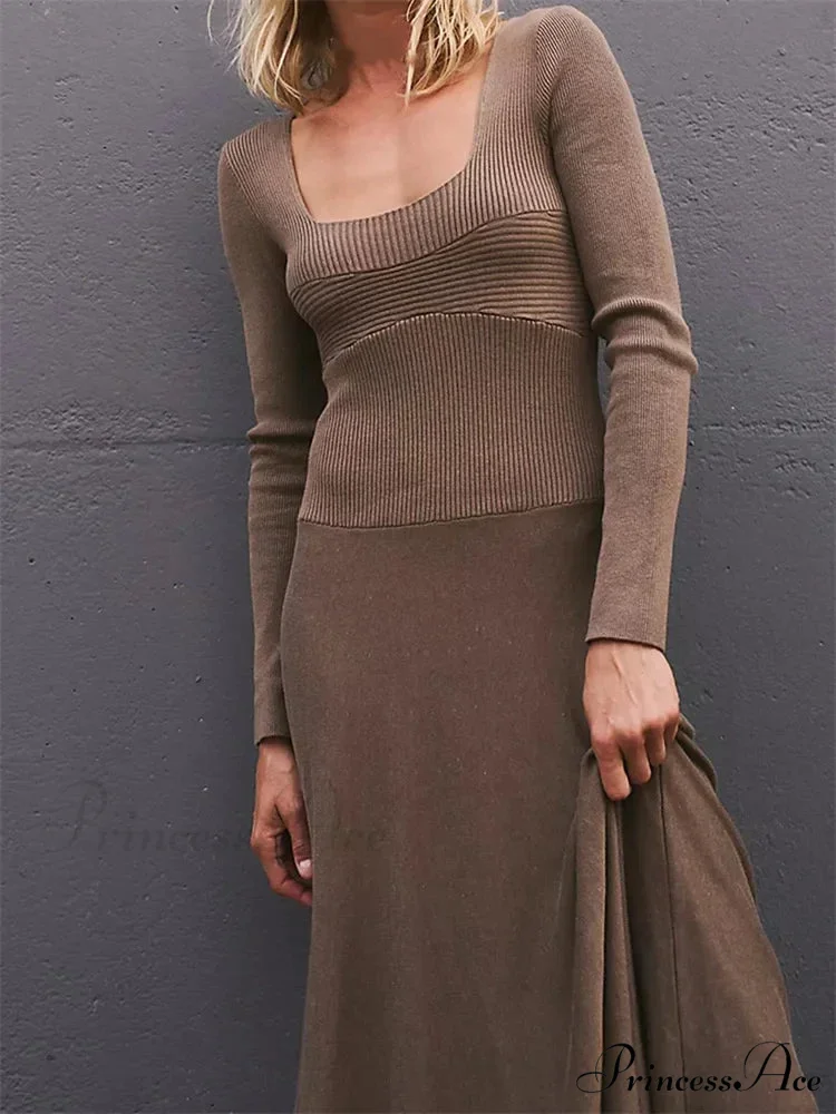 Women Spring Fall Casual Solid Color Square Neck Sleeve Knitted Pleated Fashion Holiday Vestido - Image 3