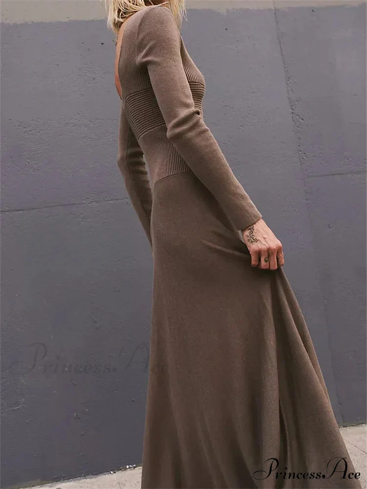 Women Spring Fall Casual Solid Color Square Neck Sleeve Knitted Pleated Fashion Holiday Vestido - Image 4