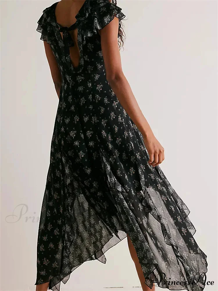 Retro Women Summer Casual Floral Print Ruffles Sleeveless V-Neck Fashion Holiday Beach Vestidos - Image 2