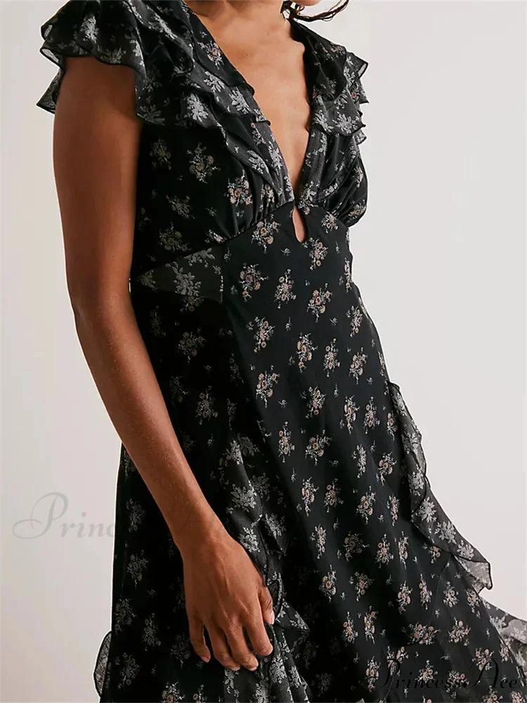 Retro Women Summer Casual Floral Print Ruffles Sleeveless V-Neck Fashion Holiday Beach Vestidos - Image 3