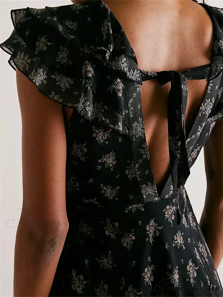 Retro Women Summer Casual Floral Print Ruffles Sleeveless V-Neck Fashion Holiday Beach Vestidos - Image 4