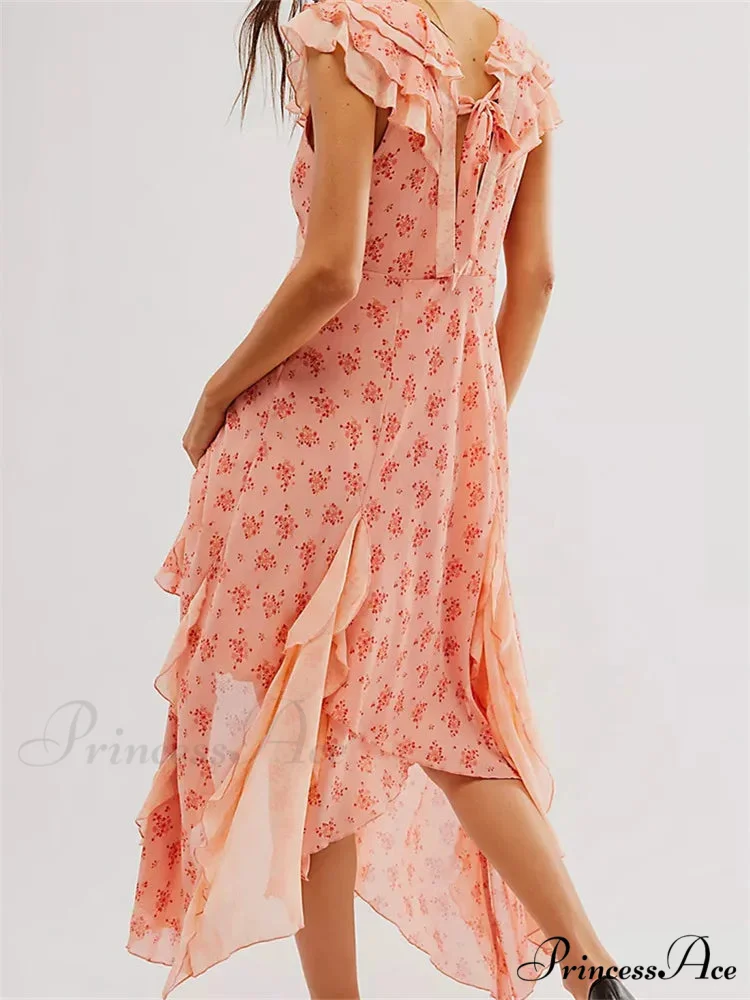Retro Women Summer Casual Floral Print Ruffles Sleeveless V-Neck Fashion Holiday Beach Vestidos - Image 5