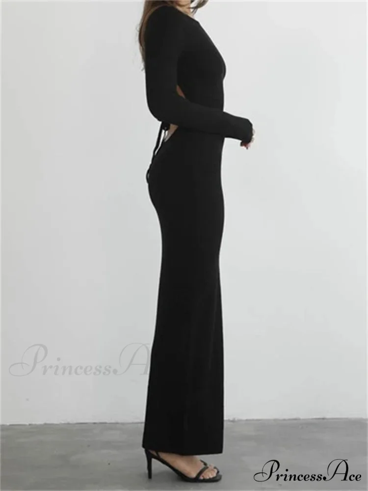 Elegant Women Round Neck Party Solid Color Sleeve Backless Tie Up Party Female Vestidos - Image 2