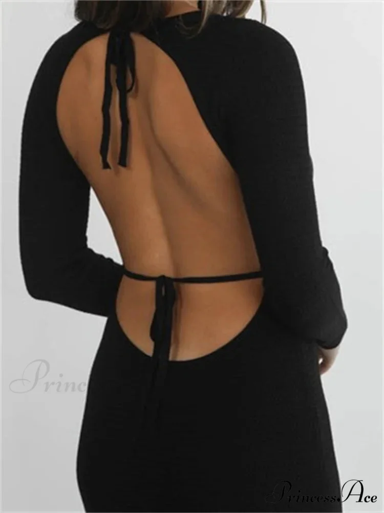 Elegant Women Round Neck Party Solid Color Sleeve Backless Tie Up Party Female Vestidos - Image 4